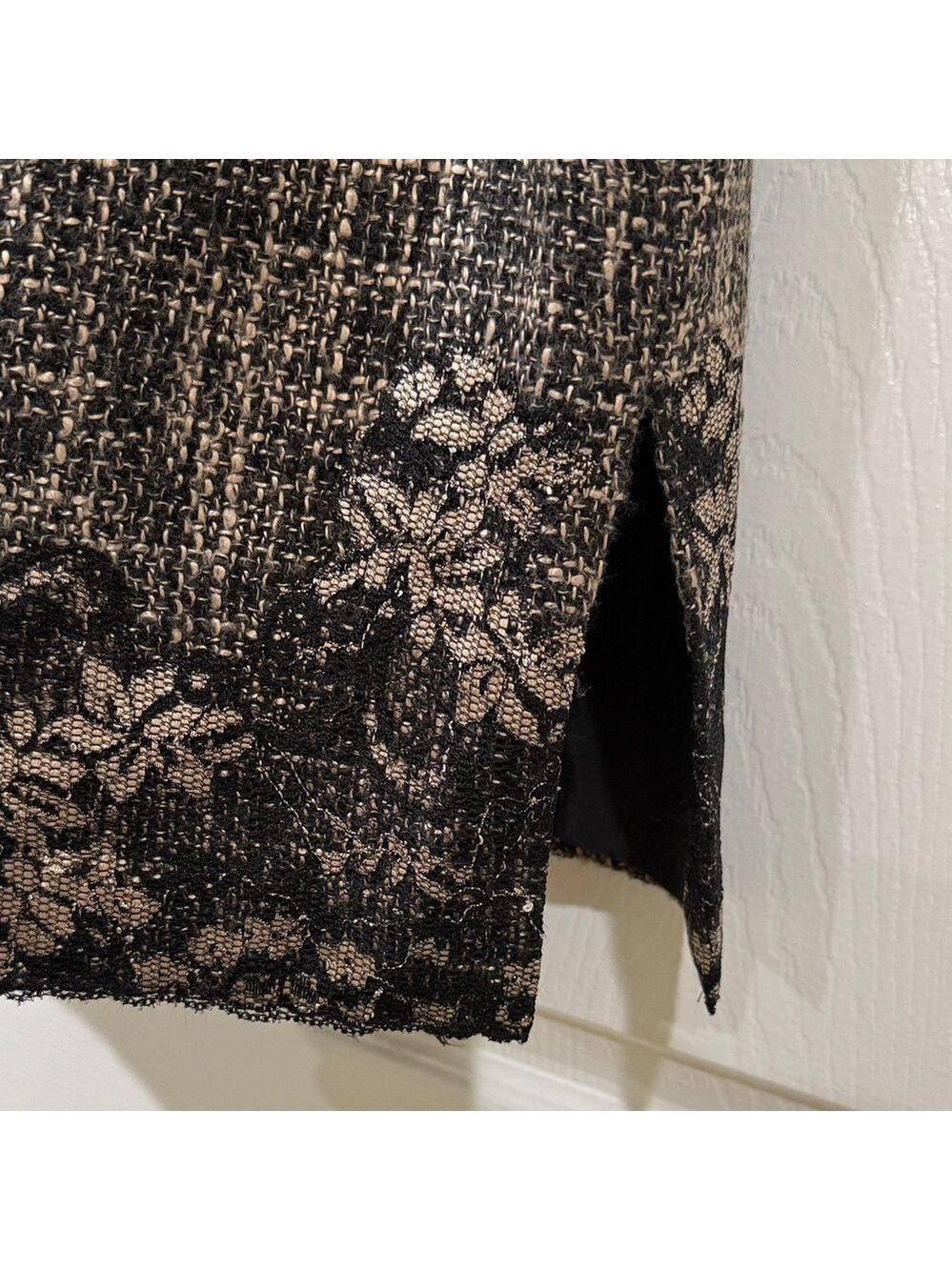 Nine & Company Petite 8P 2pc Tweed Skirt Suit Floral Lace Trim Notch Lapel - Picture 11 of 17